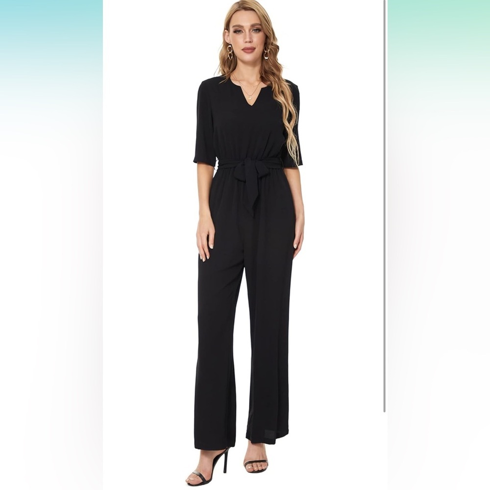 Women Black Short Sleeve V Neck‎ Wide Leg Jumpsuit Belted Romper Medium NWT